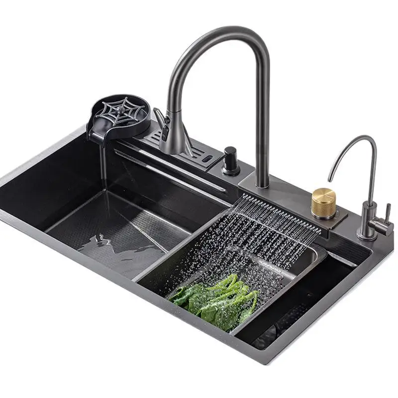 

4MM Feiyu Waterfall stainless steel sink, large single slot, knife holder, honeycomb embossing, kitchen sink