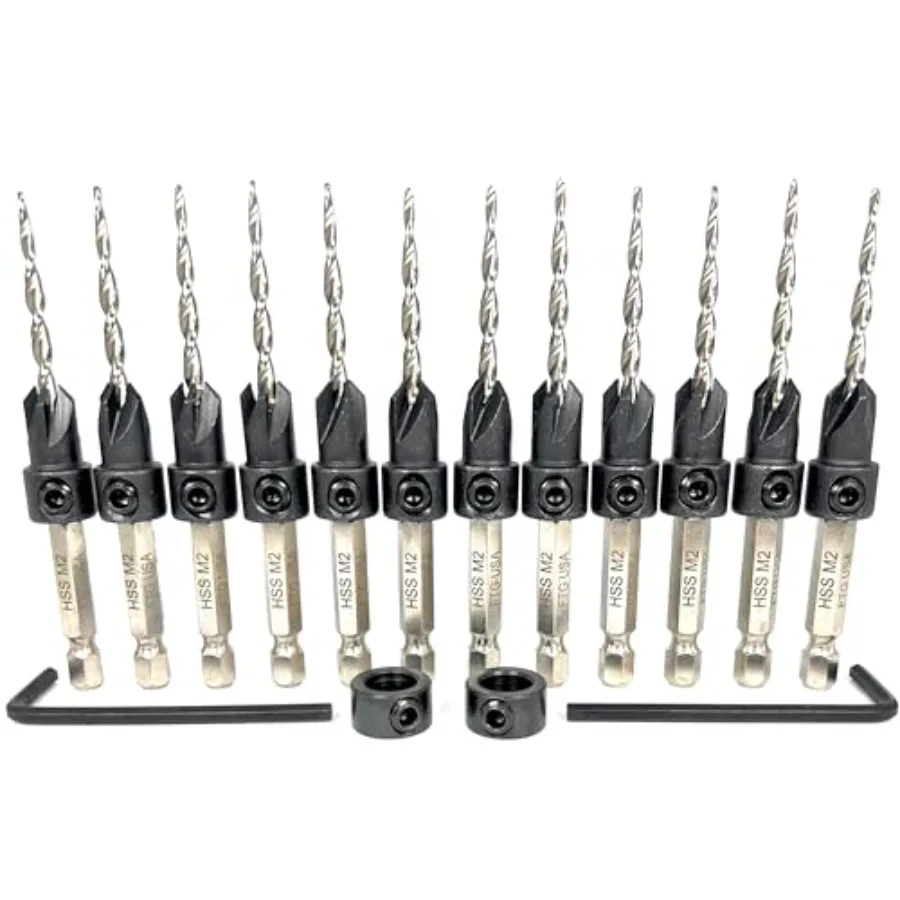 

#6 9/64" Adjustable Wood Countersink Drill Bit Set with Parabolic Flute Tapered Drill Bit 2 Depth Stop Collar Quick Change Shan