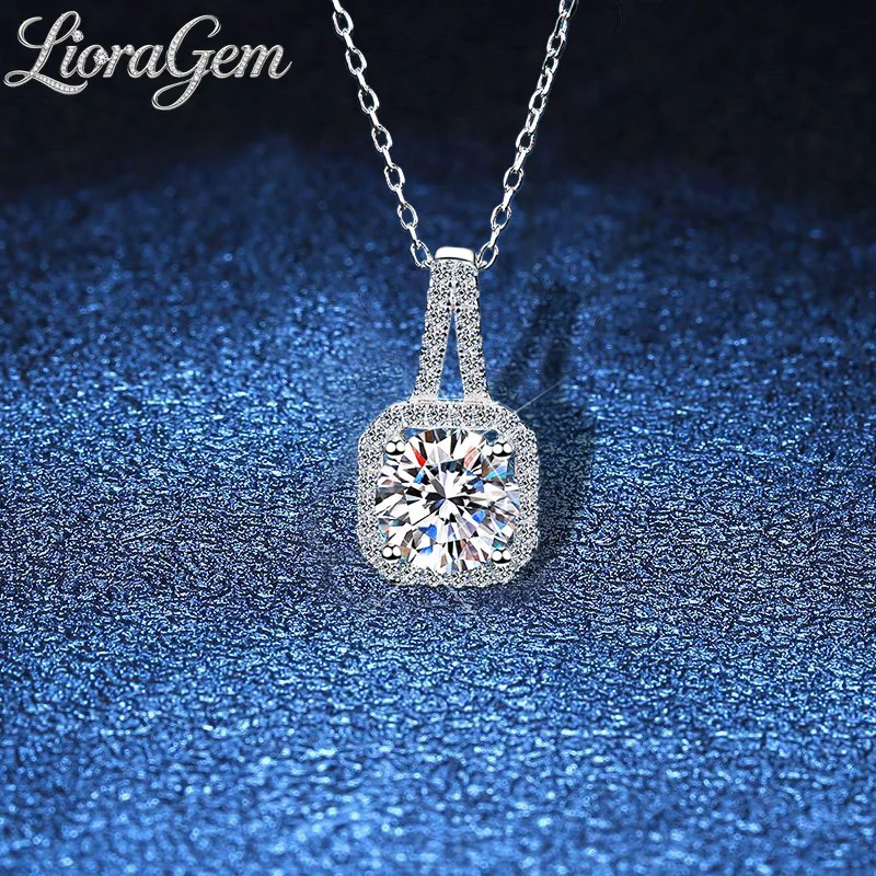 LioraGem 0.5-1-2 Carat Moissanite Necklace, Square Wrapped Pendant with Micro-paved Diamonds Clavicle Chain Platinum PT950