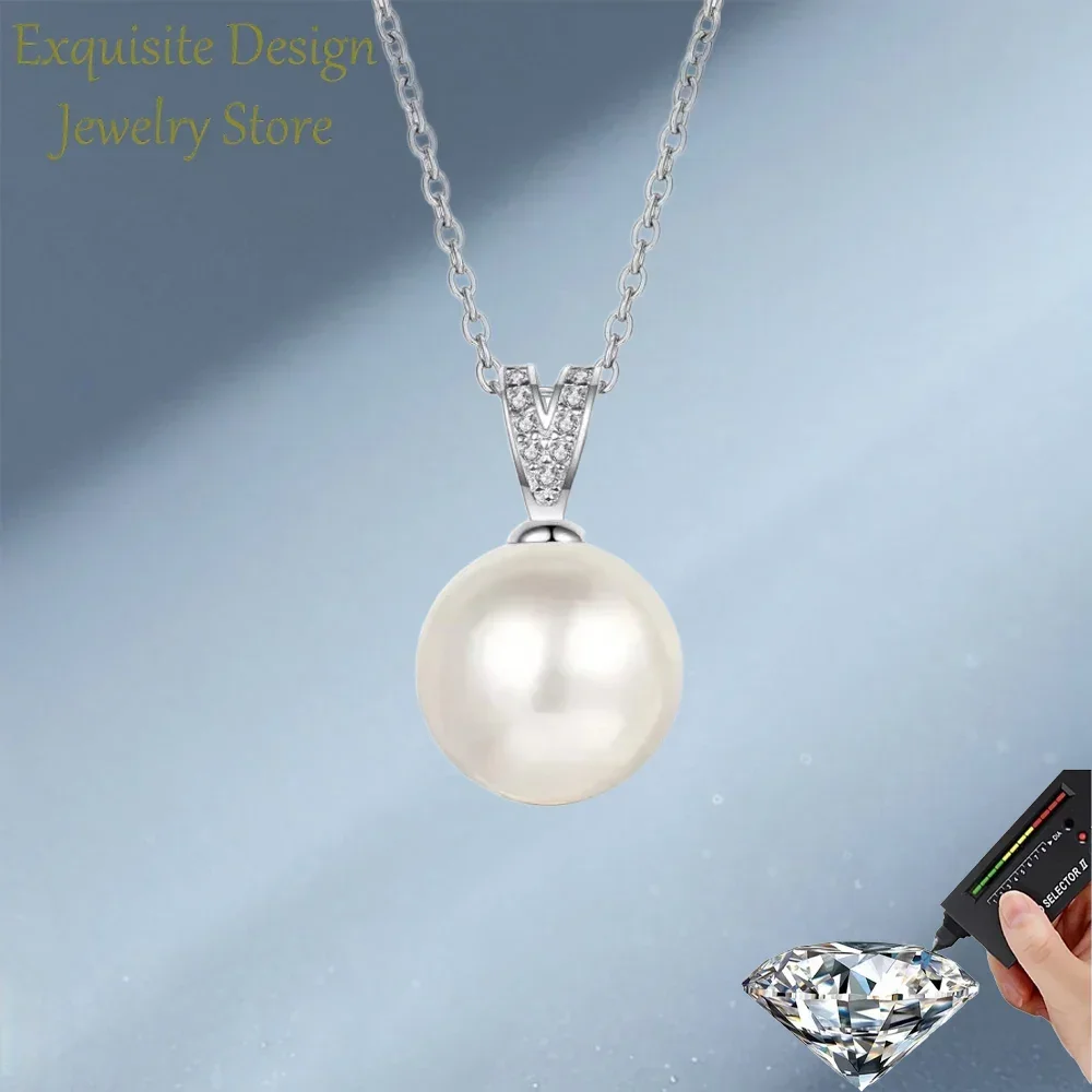 

Classic 10mm Natural Pearl Pendant 0.45Carat Real Moissanite Diamond Necklace, Wedding Party Cute Platinum PT950 Chain for Women