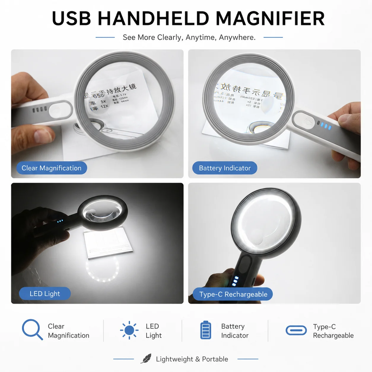 Loupe portable rechargeable 5/6/11/12/30X avec lumière LED, trois niveaux de luminosité, pour la lecture des seniors