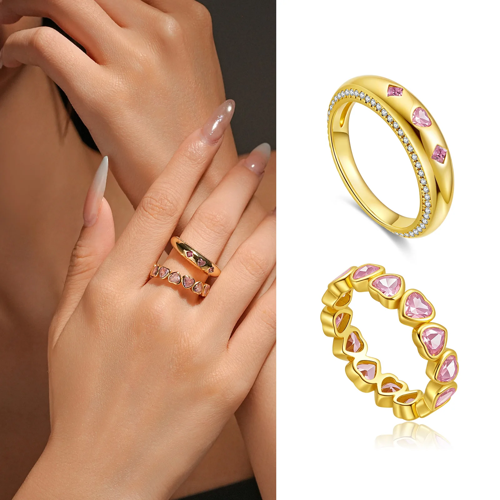 

ANDYWEN 925 Silver Pink Zirconia Love Ring Set, Matching Heart Jewelry for Couples, Romantic Gift for Her, 5A Zirconia Pair Ring
