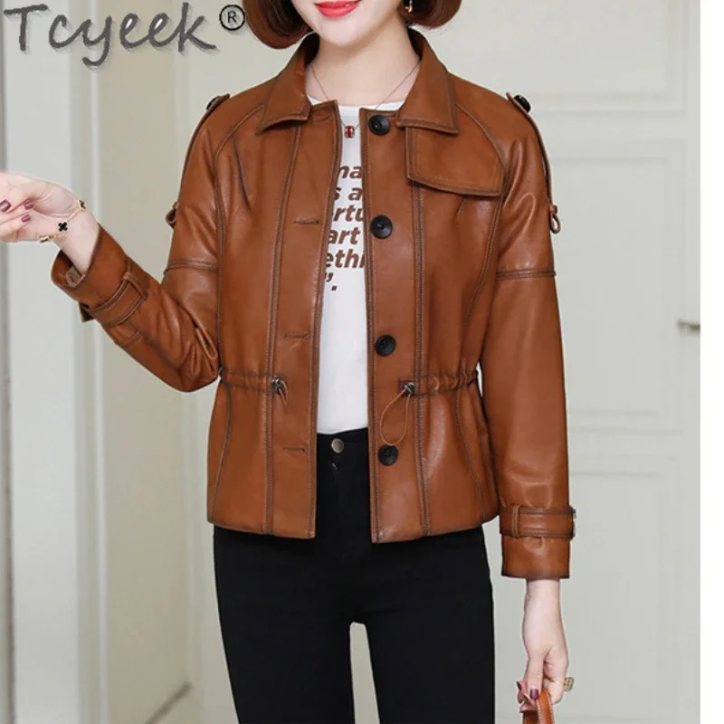 Tcyek100% Chaqueta de cuero Real para Mujer, abrigo único de piel de oveja, Chaqueta corta de moto, tendencia coreana, otoño