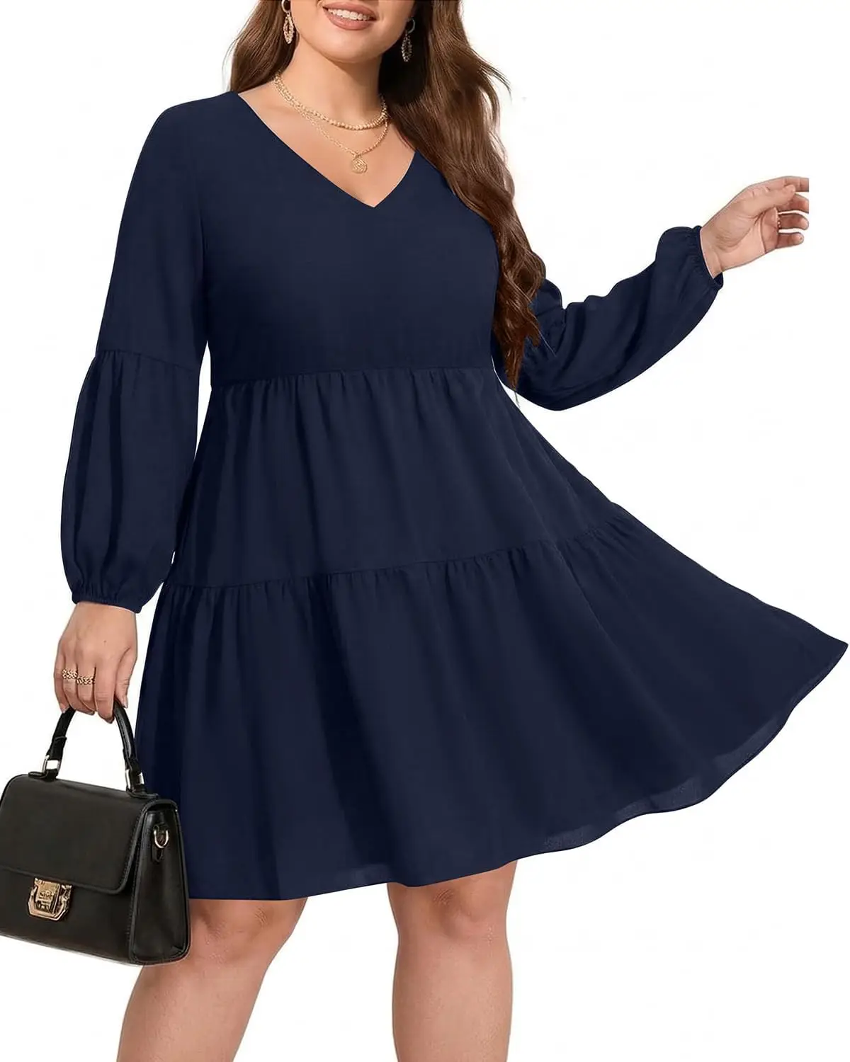 

Plus Size Long Sleeve Fall Dress - Casual Babydoll Tunic Shift Tiered Flowy Dresses