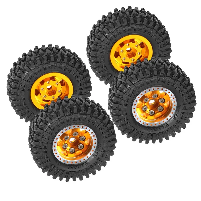 CYGJ-업그레이드 부품- 4개 메탈 비드락 휠&림 고무 타이어 세트 (Axial SCX24 UDIRC FMS Camel Trophy 1/24 RC 크롤러 자동차용)