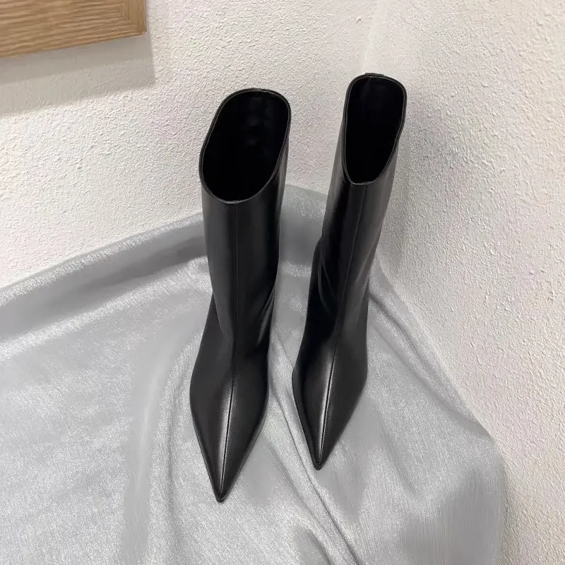 Women 2026 New French Style Pointed Toe Kitten Heel Short Boots Retro Soft Sole Wide Shaft Mid Calf Booties Elegant Ladies Shoes