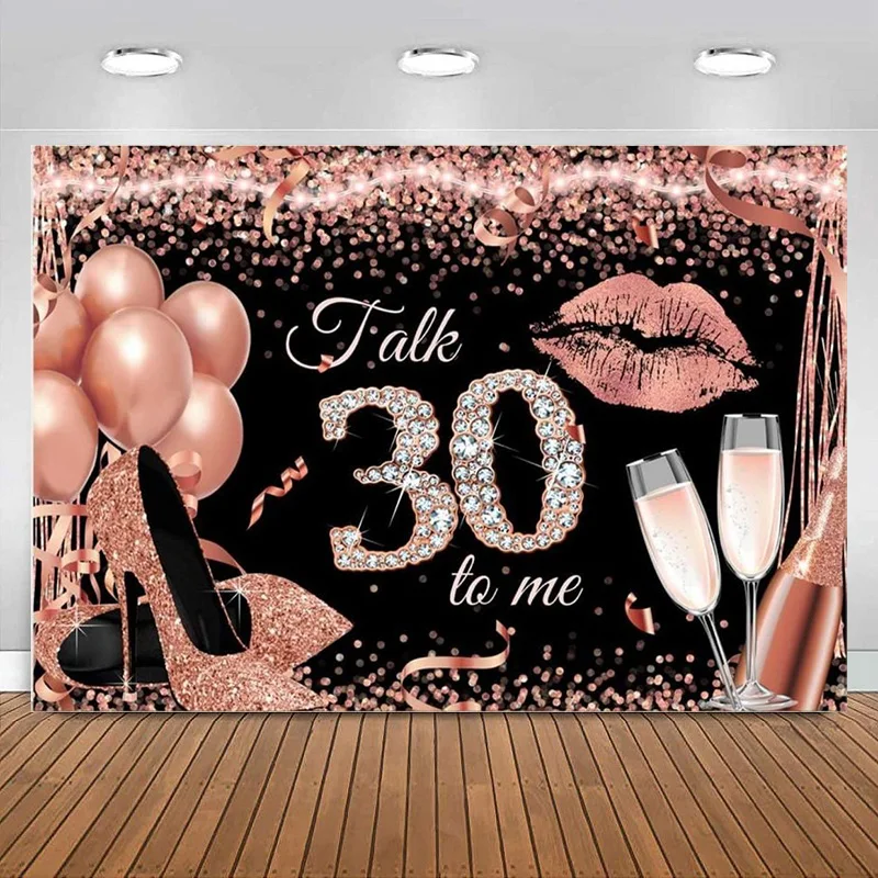 Happy 30th Birthday Backdrop Women Rose Gold Photography Background Pink High Heel Champagne Party Banner Decorations Supplies