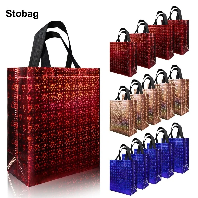 

StoBag 25pcs New Laser Color Non-woven Tote Bags Gift Packaging Shopping Portable Fabric Reusable Pouches Party Favors Birthday