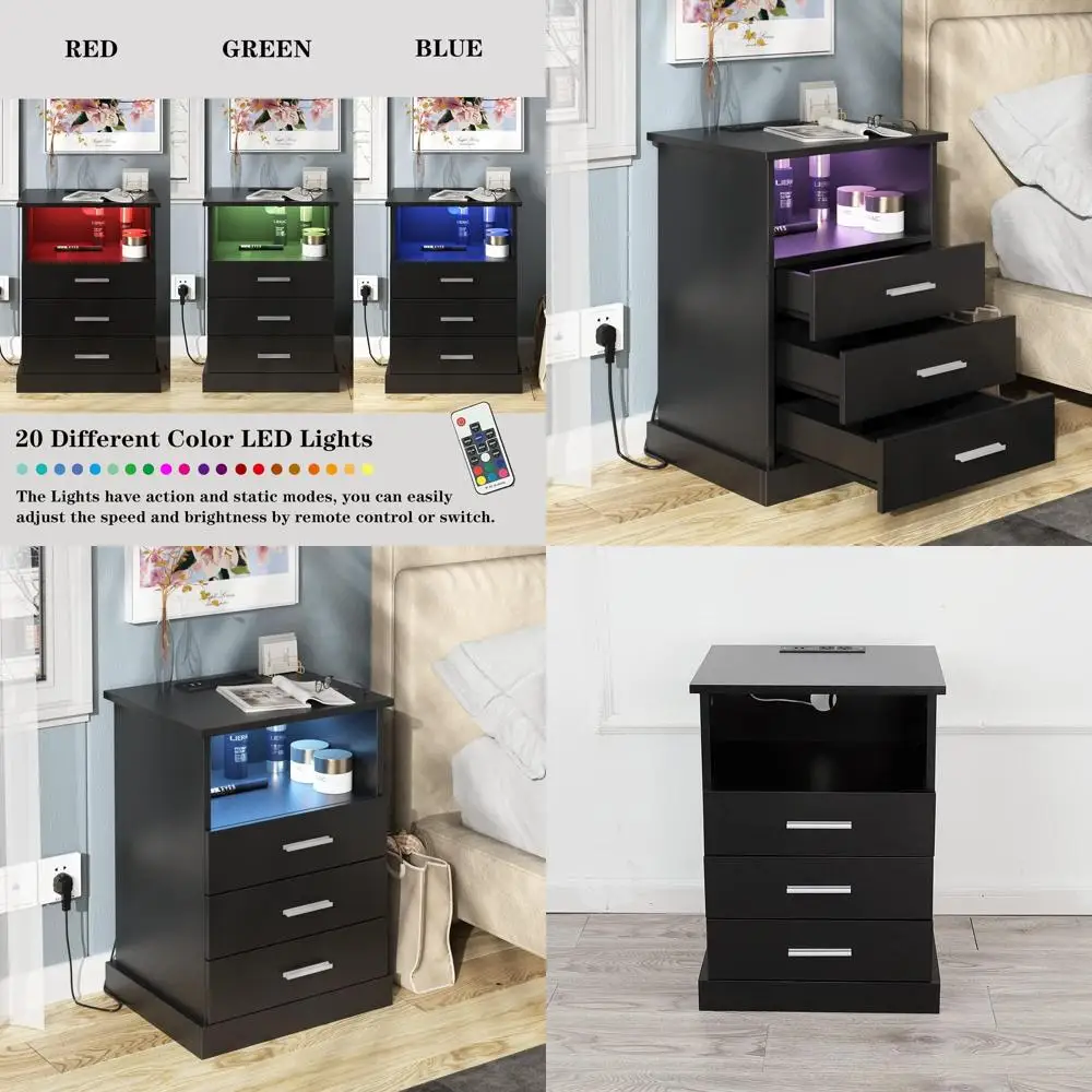

Черная тумбочка с 3 ящиками, зарядным портом и освещением, приставной столик для спальни с открытым шкафом для хранения вещей