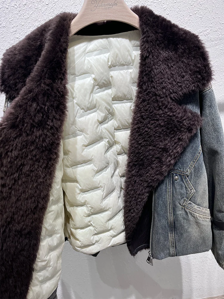 2025年女性用冬物天然メリノ羊毛襟付きダックダウンジャケット、スイートスタイル高級婦人コート、ストリートウェア