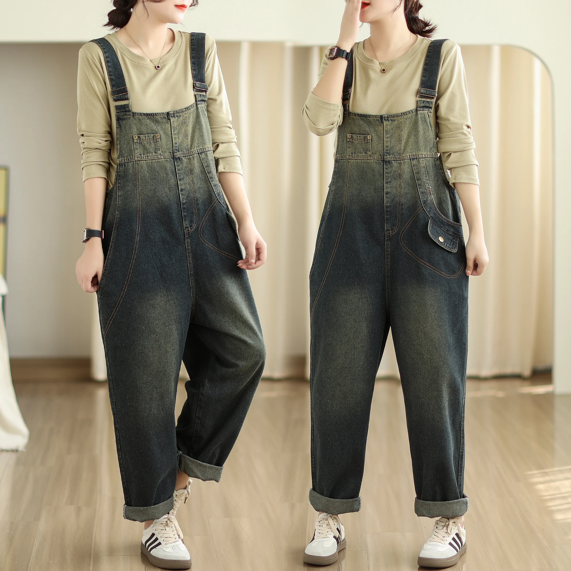 

Vintage Women's Denim Jumpsuit Spring Autumn Fashion Loose Casual Multi Pockets Washed Simple Cozy Versatile Female Playsuits