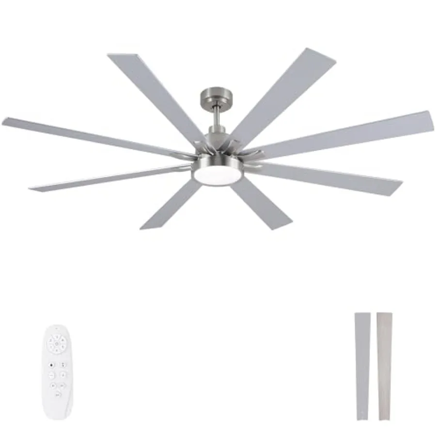 Large Ceiling Fans with Lights and Remote - 72 Inch Brushed Nickel Ceiling Fan for Living Room Patio, Indoor/Outdoor Use, Quiet