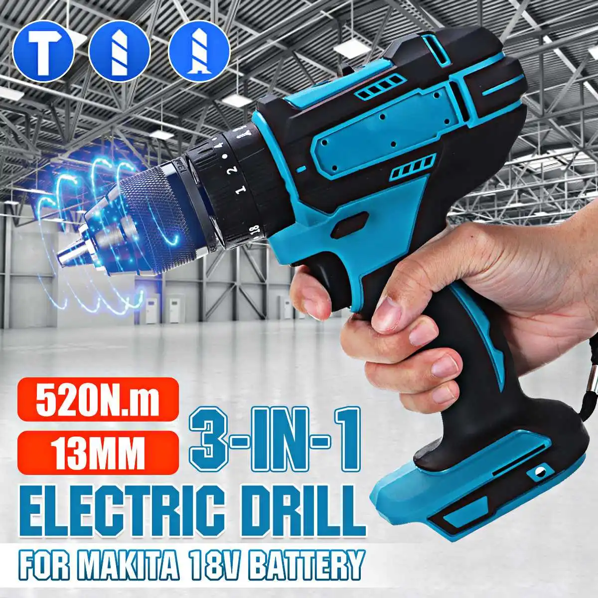 

3 IN 1 4000RPM 350N.M 10mm Electric Drill Flat Hammer Impact Drilling Electric Screwdriver Tool Fit for Makita 18V Battery