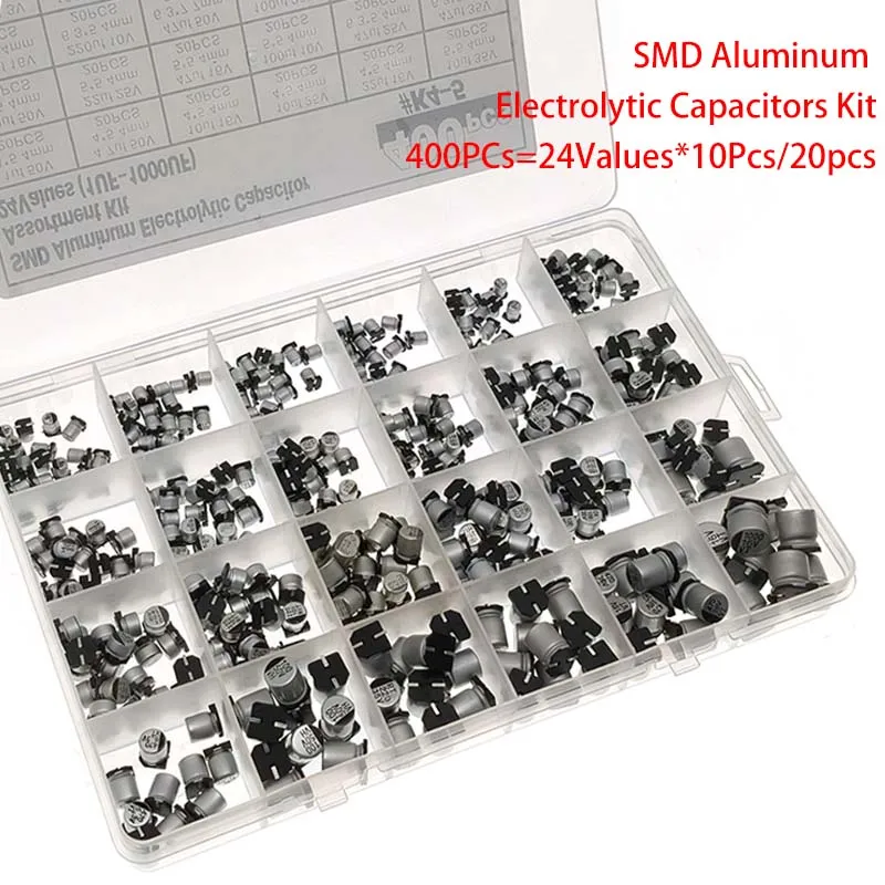 الألومنيوم مكثفات كهربائية SMD مجموعة متنوعة 400 قطعة 24 قيمة SMD 1 فائق التوهج ~ 1000 فائق التوهج 6.3 فولت-50 فولت 24 قيمة مع صندوق