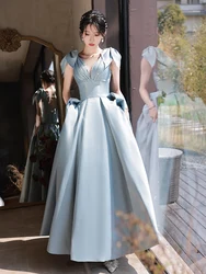 Sky Blue Satin Long Evening Gowns Sexy V-Neck Princess Ball Gowns Floor-Length Backless Women Formal Dresses For Wedding Party