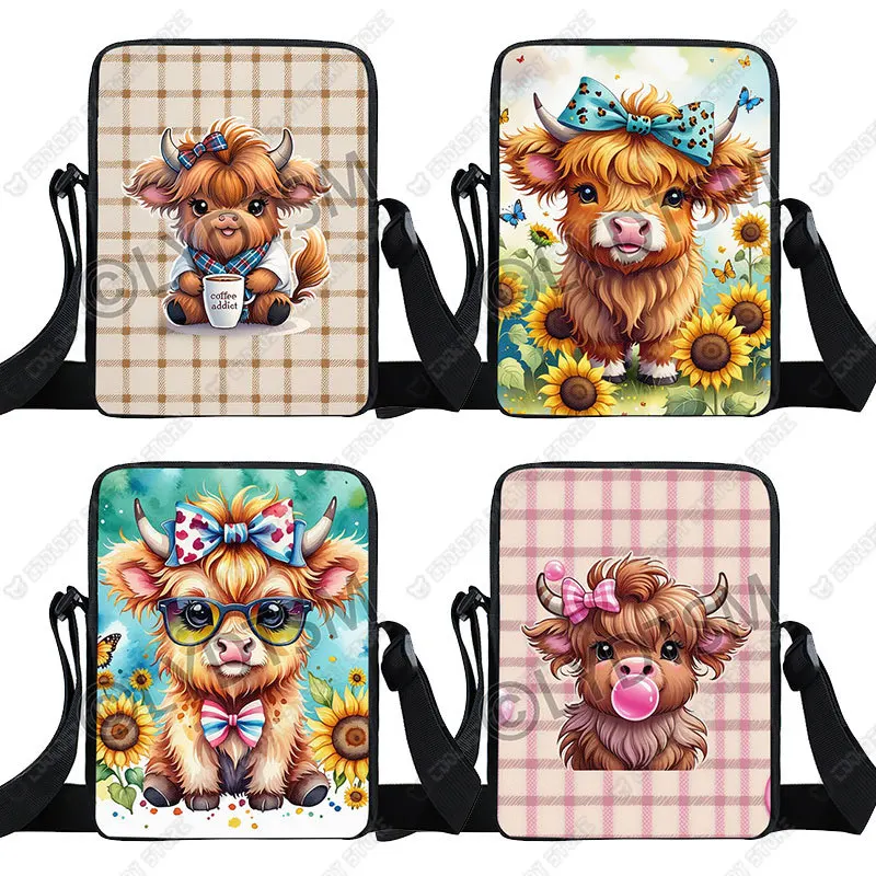 Highland Cow Print Crossbody Bag Baby Scottish Highland Cow Having Coffee Women Handbag Shoulder Bag Messenger Bag Phone Holder