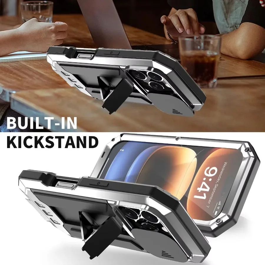 حافظة لهاتف آيفون 14 15 16 Plus 13 16e Pro Max غطاء كاميرا منزلق معدني مقاوم للصدمات شاشة حماية غلاف هاتف من الألومنيوم عالي التحمل