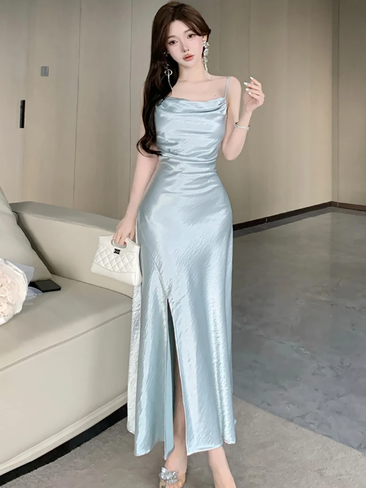 Women Blue Satin Pleated Bodycon Sling Sexy Long Dress Summer Elegant Luxury Dance Party Dress 2025 Korean Bodycon Evening Dress