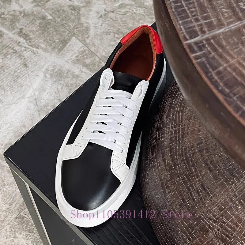 Fashion Height Boost Cow Leather Trainers Two-tone Upper with Red Detail Thick Sole Trendy Lace-up Street Men Casual Sneakers
