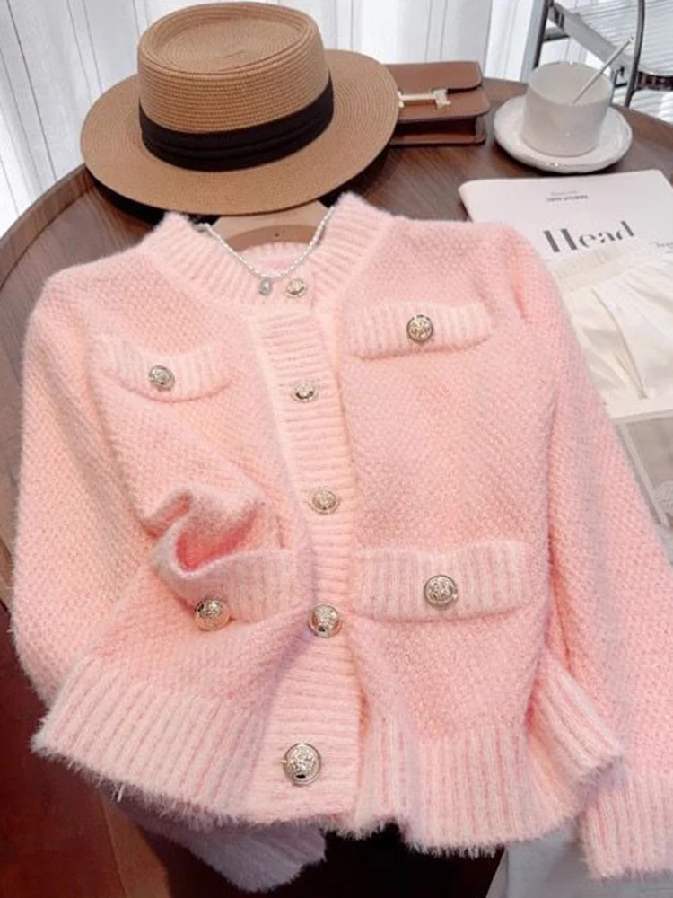 Zoki Sweet Pink Cardigan Swetry Kobiety Moda Guziki Długi rękaw Dzianina Kurtka Jesień Koreański Szyk O Szyja Kobiece Eleganckie Topy