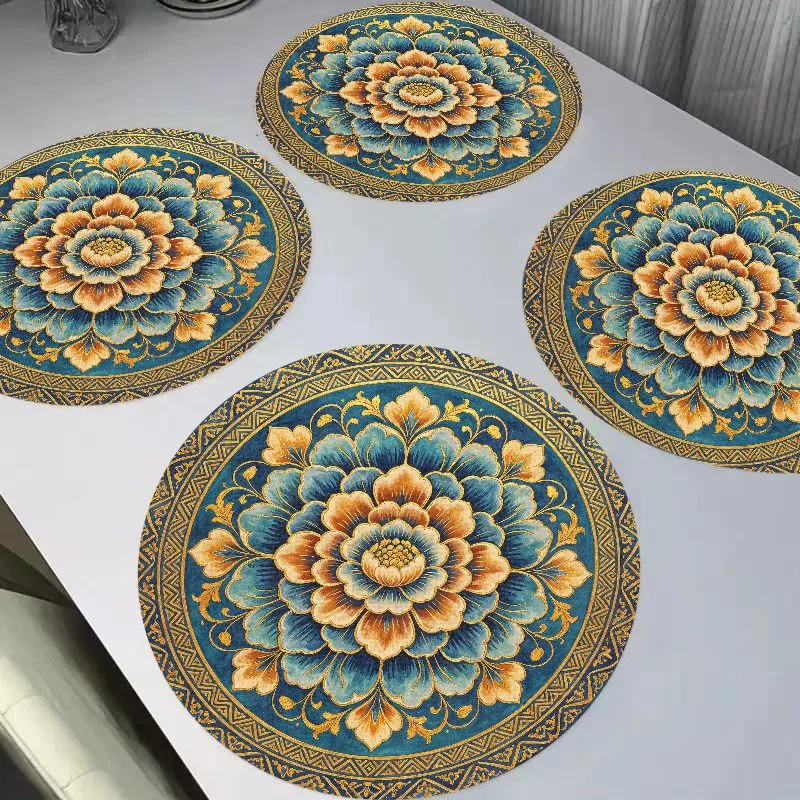 VIKAMA Fresh Watercolor Lemon Flower Frame Round Linen Placemats Heat Resistant Waterproof Wear-Resistant Dining Table Decor