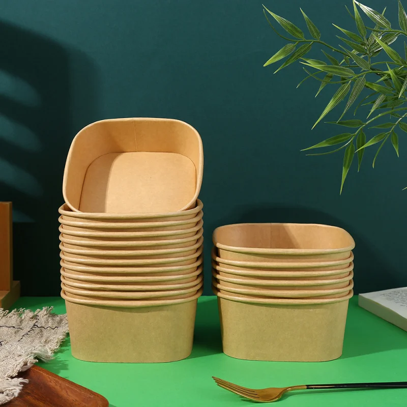 Custom. Kraft Square Box Disposable Takeout Box Lunch Box Fruit Salad Light Meal Bento Bowl with Lid Paper Lunch Box