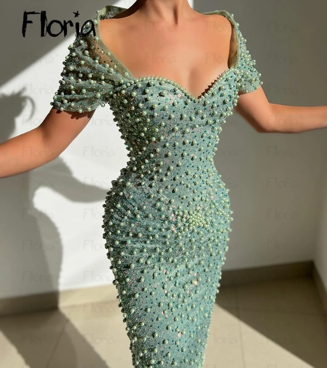 Vestido largo De fiesta con cuello barco para mujer, traje Formal árabe con perlas completas, color verde, personalizado