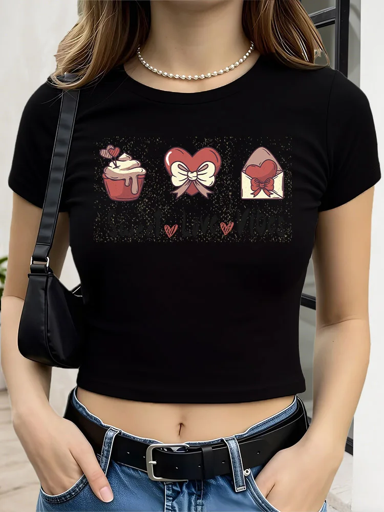 

Cake Heart Love Letter Women Graphic Crop Top Black Short Sleeve Slim Fit T-Shirt Basic Spring Summer Top