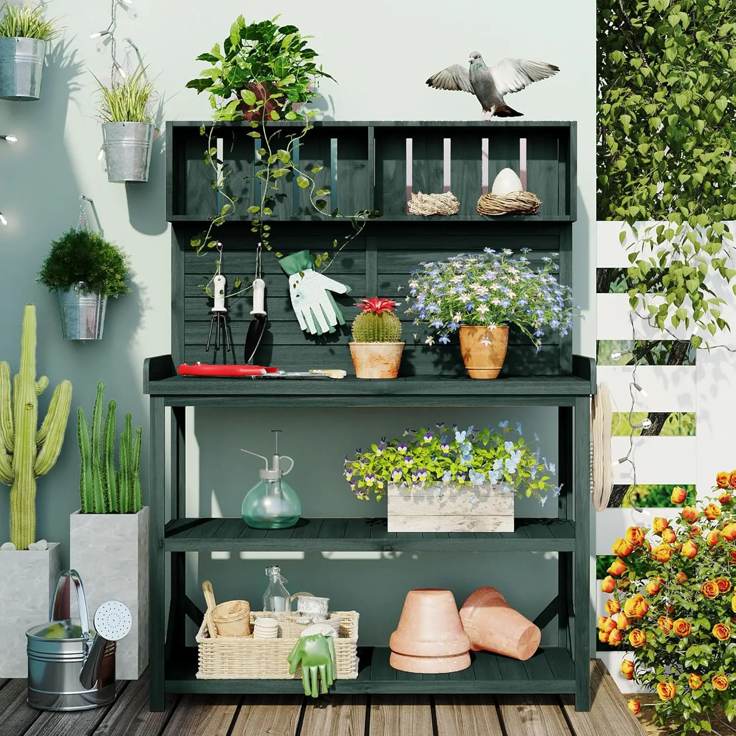 

65" Large Wooden Farmhouse Rustic Outdoor Potting Bench with 4 Storage Shelves Side Hook Spacious Workstation, Customized