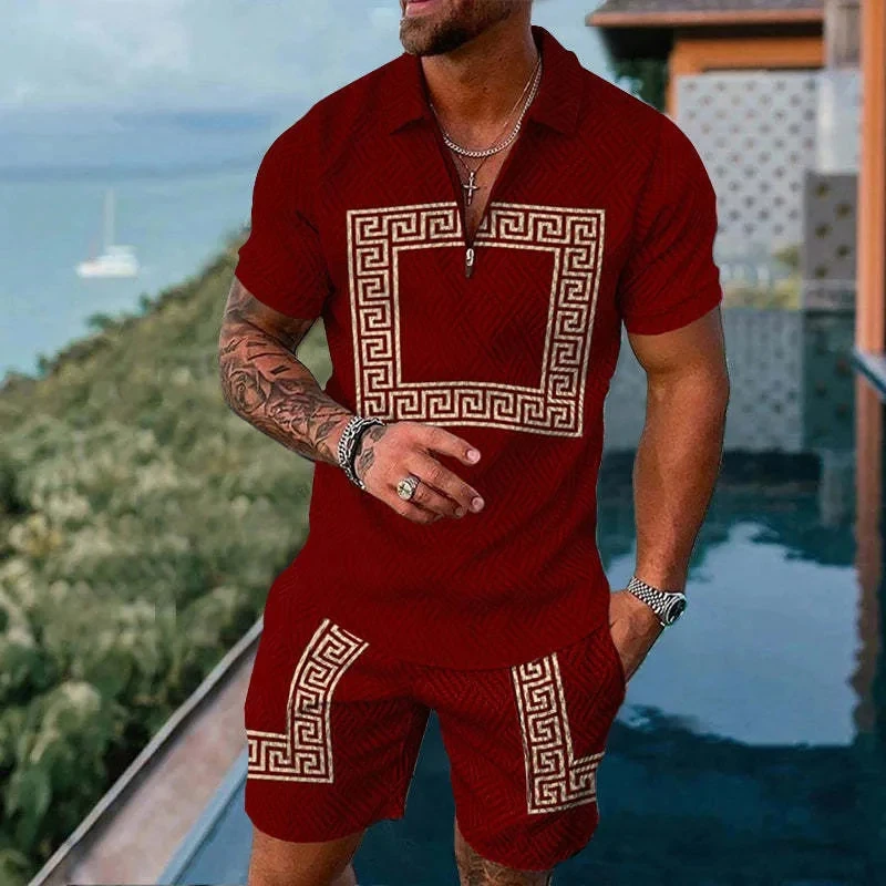 Summer 3D Geometric Print Men Polo Set Zipper Lapel Polo Men Sets Zipper Collar And Shorts 2pcs Sets Holiday style Man clothes