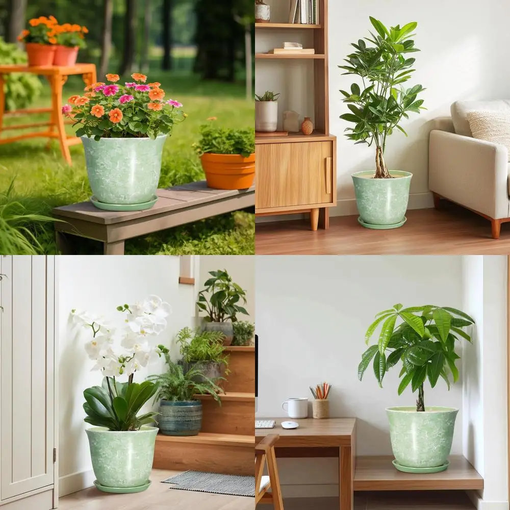 

10 Inch Round Plant Pot with Drainage Hole and Saucer, Outdoor-Friendly Decorative Planter for Home and Garden, Green