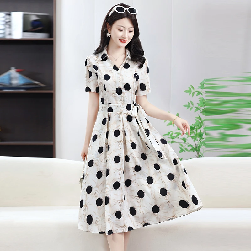 Novo vestido feminino com gola de camisa de bolinhas, emagrecimento, linha a, manga curta, cintura, verão, elegante, sensação de moda