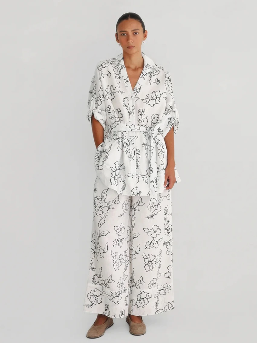 Marthaqiqi Autumn Female Nightwear Set Long Sleeve Nightgowns Turn-Down Collar Pajamas Pants Loose Women Sleepwear 2 Piece Suit