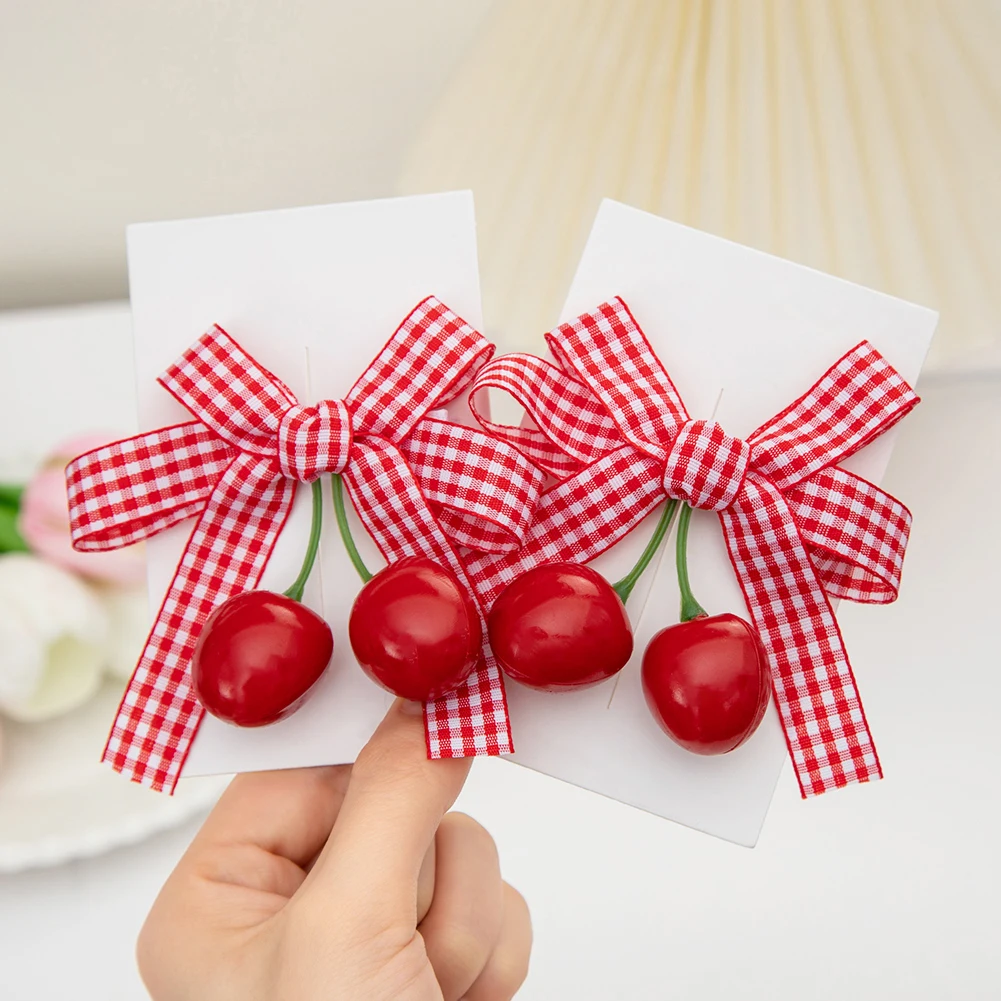 4Pcs/Lot Vintage Cherry BB Barrettes Red Plaid Bow Hair Clips for Princess Newborn Girls Kids Hairgrips Hairpins