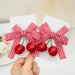 2Pcs/Set Vintage Cherry BB Barrettes Red Plaid Bow Hair Clips for Princess Newborn Girls Kids Hairgrips Hairpins