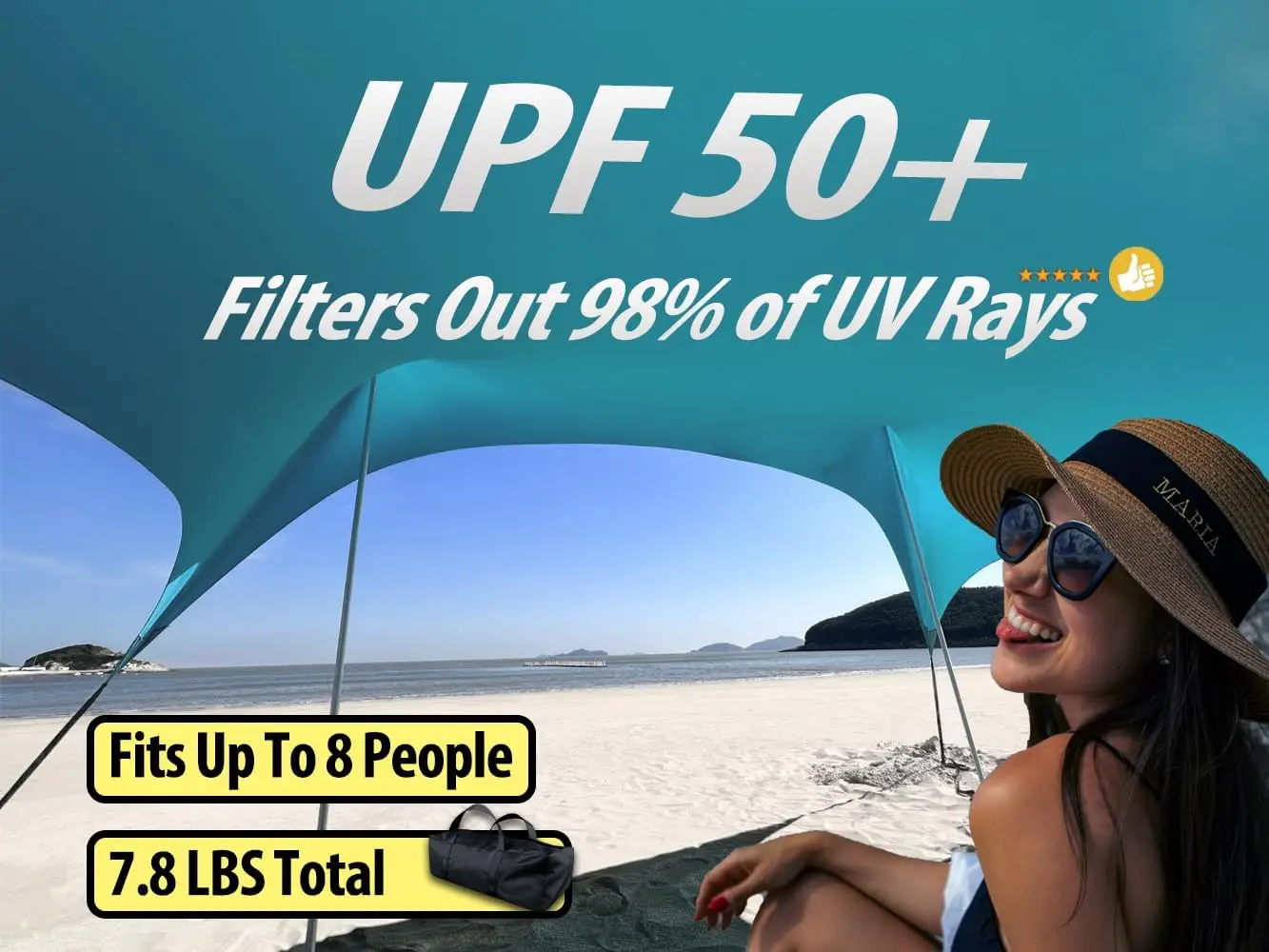 10×10ft UPF50+ Beach Tent Sun Shelter, Windproof Stable Outdoor Pop Up Beach Shade Canopy for Camping, Fishing, Backyard Fun or Picnics, 2 Poles