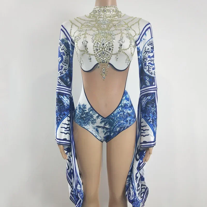 Shiny Rhinestone Chinese Style Blue White Porcelain Long Sleeve Print Bodysuit Sexy Tight Women Stage Club Dance Hanfu Clothing