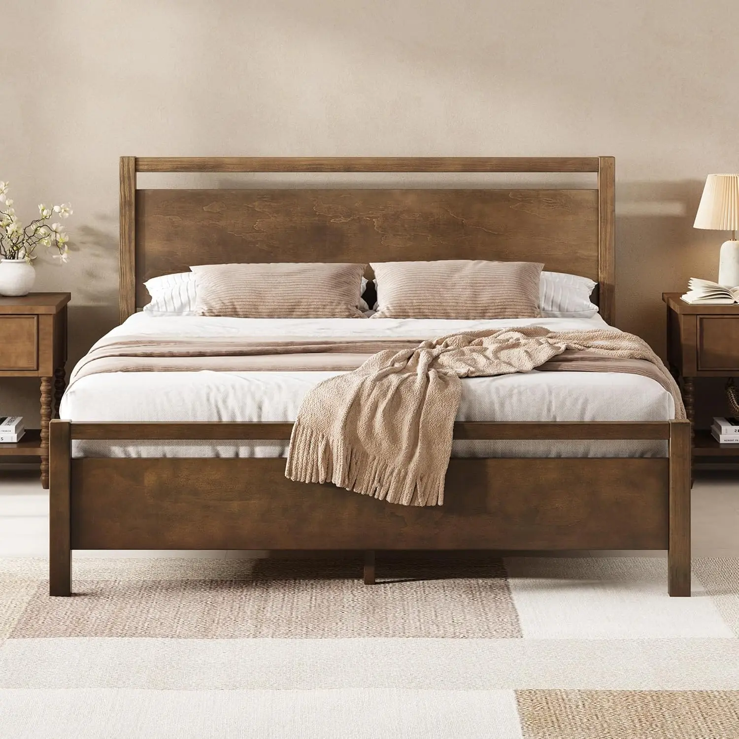 Queen Size Solid Wood Bed Frame with Headboard, Minimalist Platform Bed with Wooden Slats Support/No Box Spring, Custom