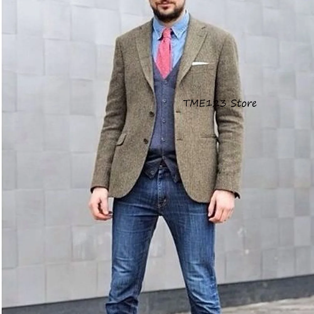 

Casual Suit Jackets for Man Single-breasted. Men's Social Coat Herringbone Fabric Comfortable Urban Blazers Vintage Style Suits