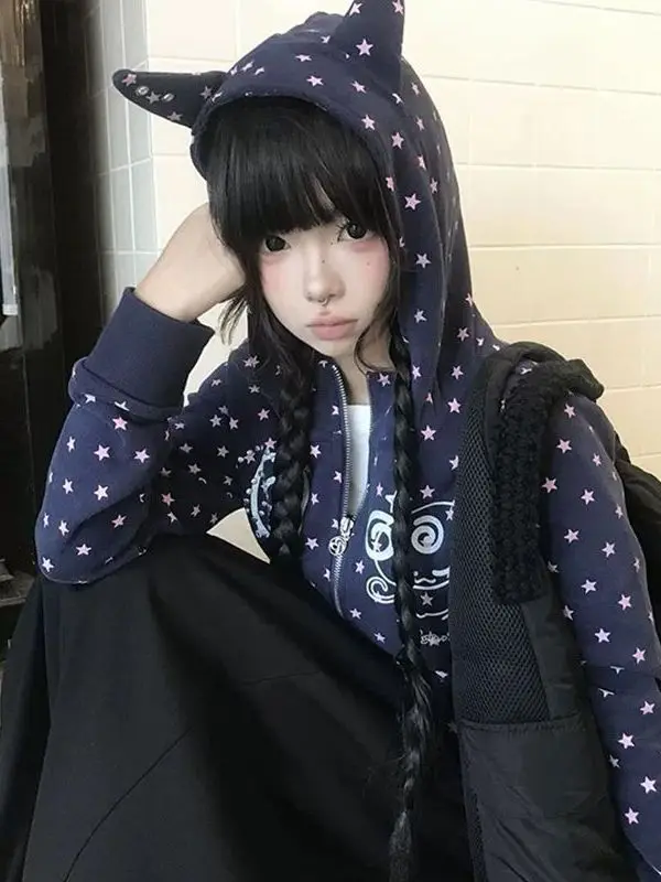 American Style Hooded Devil Double Zipper Sweatshirt Women Spring Autumn Small Design Star Print Outerwear Slim Fit Long Sleeve