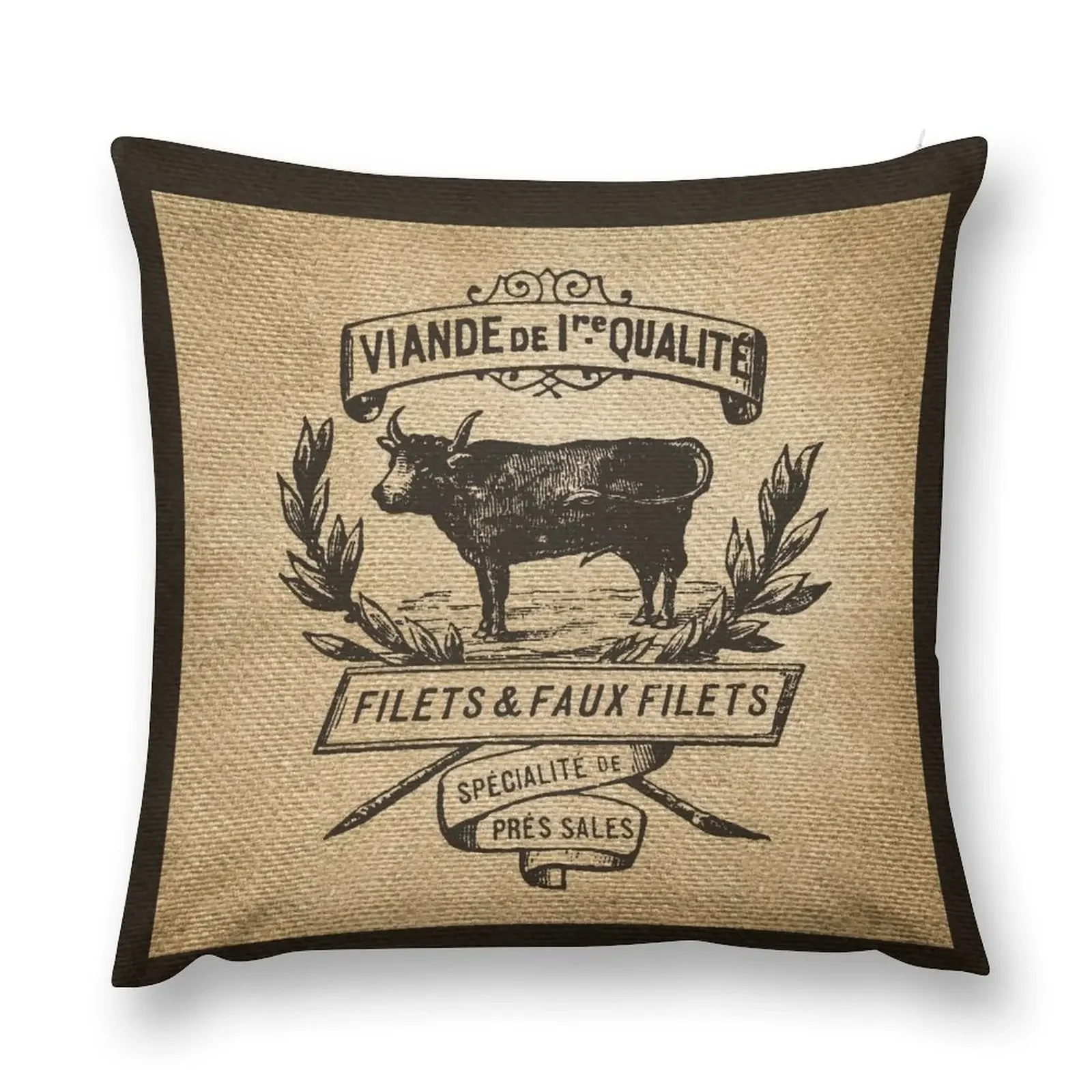 French Burlap Meat Filets Advertisement Black Throw Pillow Luxury Pillow Cover Cushions For Children Couch Pillows pillow