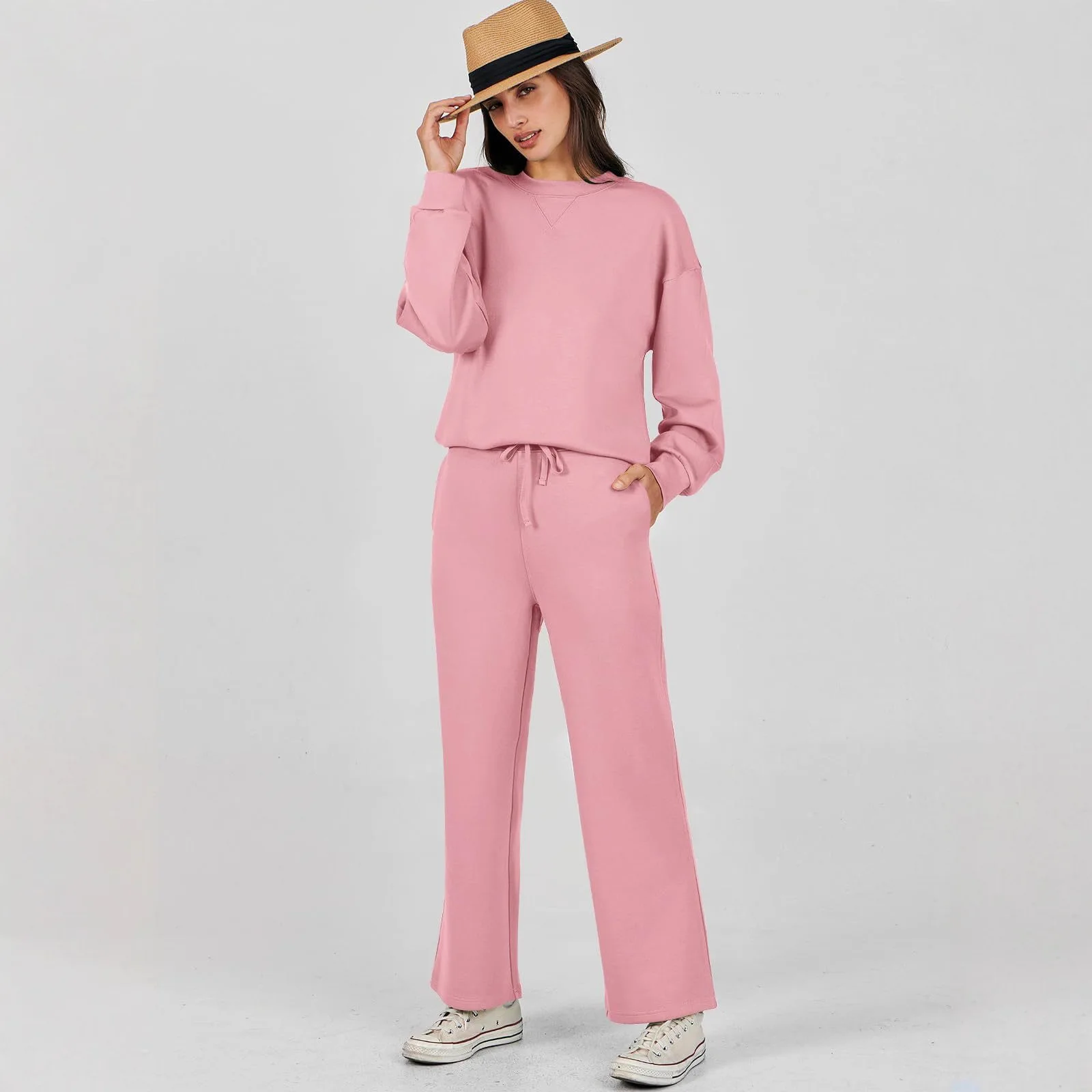 2026 Europäisch-Amerikanische Herbst-Winter Kollektion: Einfarbiger Rundhals-Pullover mit Hose, Damenmode, Lässiger Langarm-Look