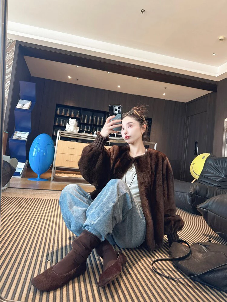 Lautaro Autumn Winter Brown Thick Warm Soft Faux Mink Fur Coat Women Lantern Sleeves Elegant Luxury Chic Fluffy Jacket 2026