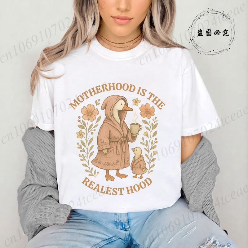 Funny Mom Shirt,Mom Goose T-Shirts,Motherhood Is The Realest Hood Tee, Mom Gift,Boho Retro Mama Women's Shirt T-Shirts Tops