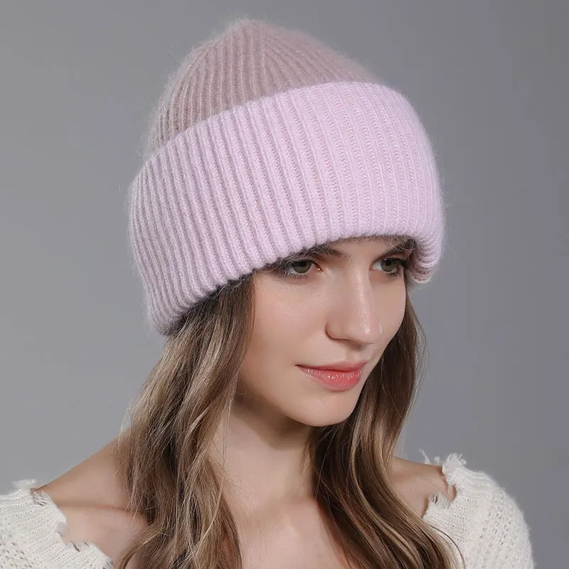 CNTANG 2024 New Fashion Color Splicing Knitted Women\'s Hats Warmth Angora Rabbit Fur Hat Winter Beanie for Lady Adult Female Cap