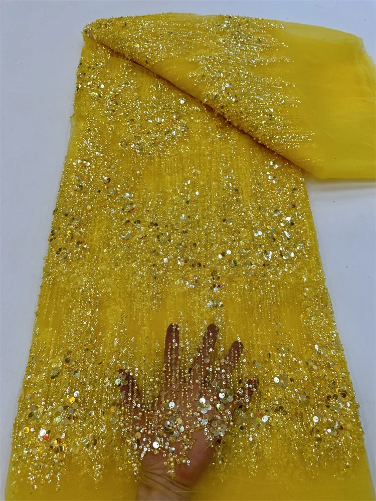 Luxury Yellow Sequins Tube Beads Lace Fabric For Wedding 2024 New Design French African Tulle Mesh Lace For Evening Dress