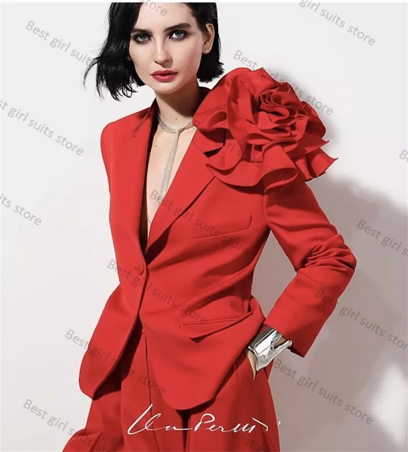 Red Formal Women Suit Set 2 Piece Blazer+Pants 3D Flower Office Lady Cotton Jacket Customized Autumn Spring Coat Prom Trousers