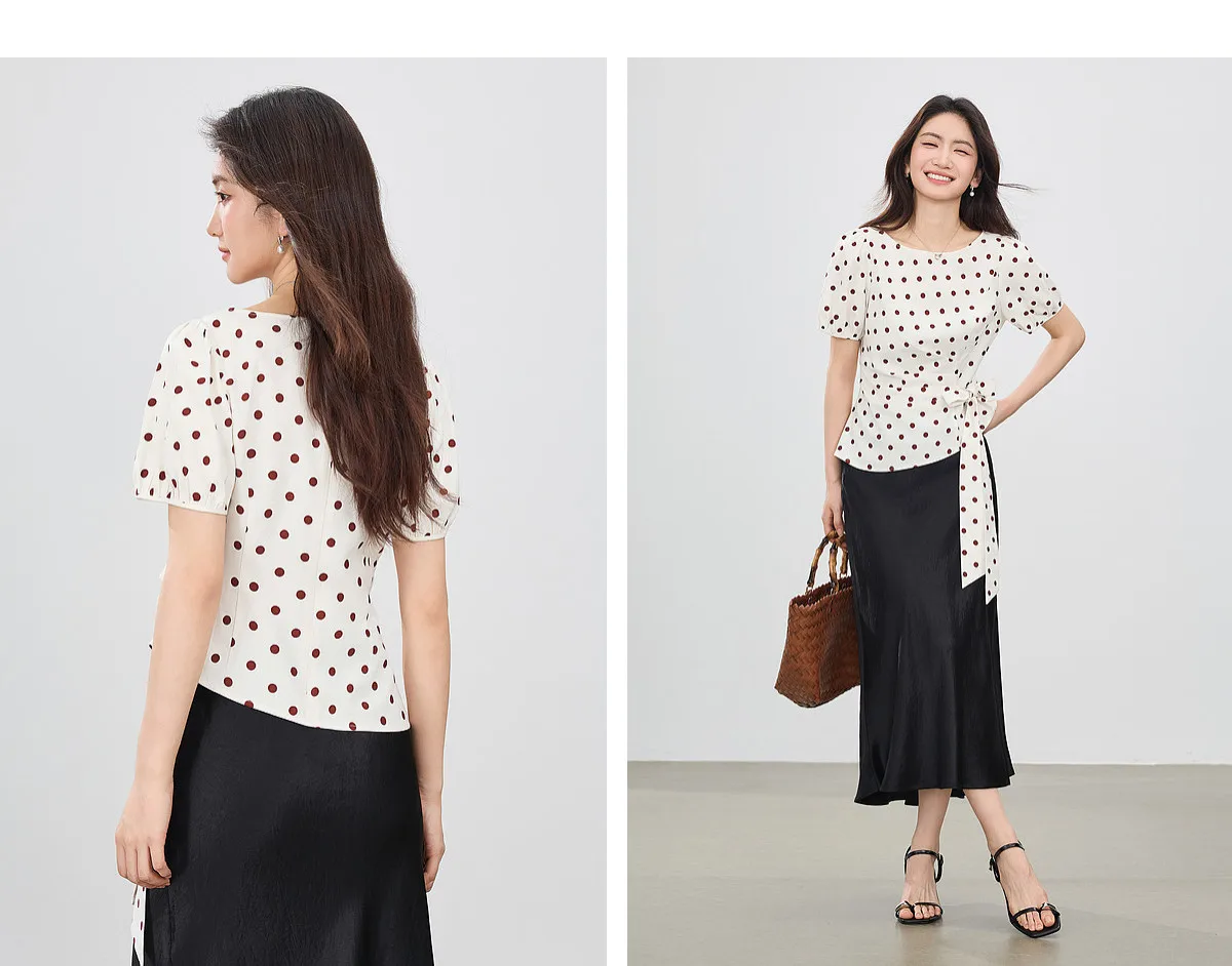 SENTUBILA Damenbluse 2026 Sommer Leinen Chiffon Polka Dot Rundhals Tailliertes Kurzarm-Oberteil 162VB7336 – Detail 15