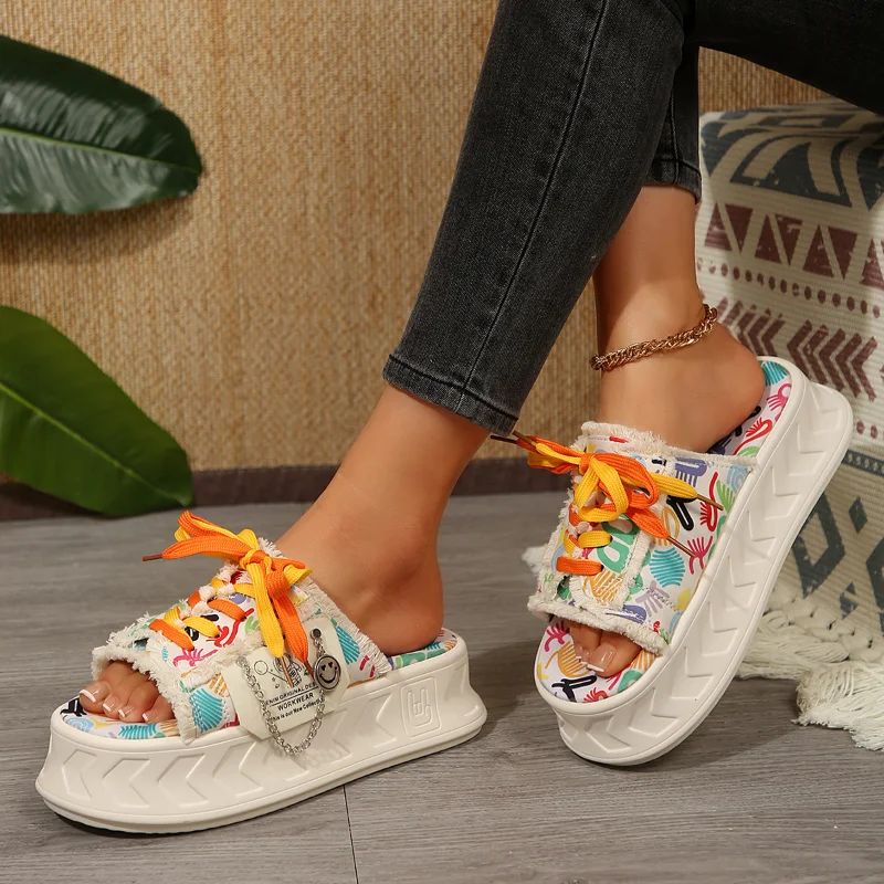 

Fashionable Platform Slippers for Women Summer New Outdoor Personalized Graffiti Sandals Height Increasing Non Slip Casual Shoes