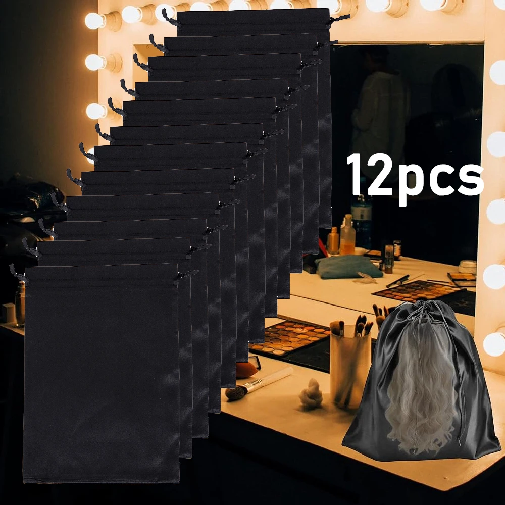 

12 Pcs Satin Wig Bags with Drawstring Satin Bag for Packaging Hair Extensions Wigs Soft Silk Pouches Hair Tools Storage Bags